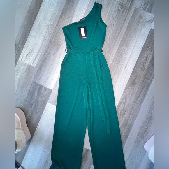 PrettyLittleThing Pants - PrettyLittleThing Teal One-Shoulder Jumpsuit